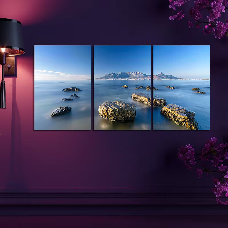 3pcs Exposure Photography of Rocks And The Sea Wall Art Set Canvas Framed 60x90cm - High Quality Print 100% Australian Made Wall Canvas Ready to Hang