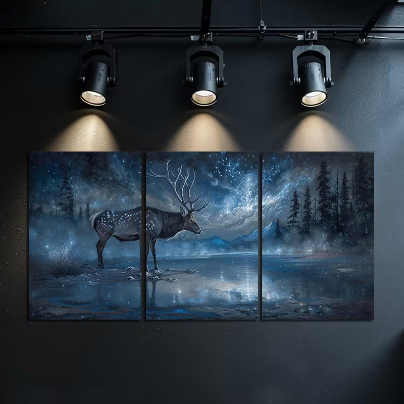 3pcs Deer in Enchanted Forest Under Starry Sky Wall Art Set Canvas Framed 50x70cm - High Quality Print 100% Australian Made Wall Canvas Ready to Hang - Bella Home Decor