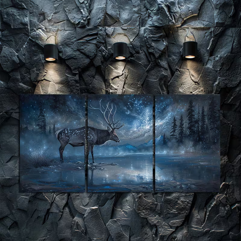 3pcs Deer in Enchanted Forest Under Starry Sky Wall Art Set Canvas Framed 50x70cm - High Quality Print 100% Australian Made Wall Canvas Ready to Hang - Bella Home Decor