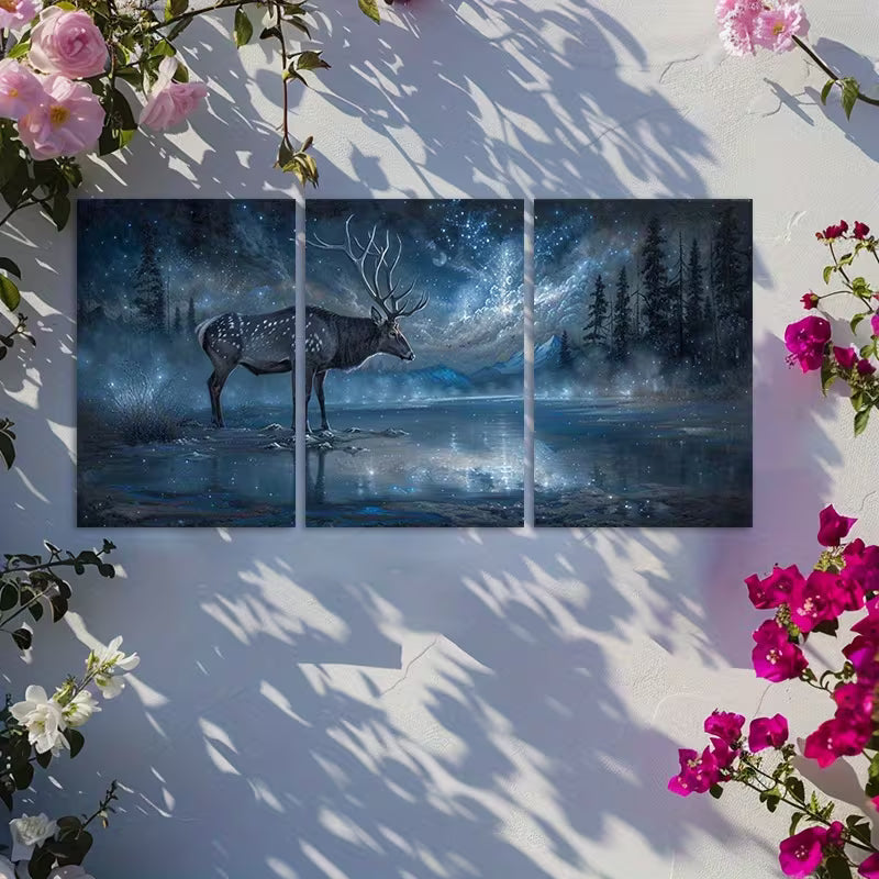 3pcs Deer in Enchanted Forest Under Starry Sky Wall Art Set Canvas Framed 40x60cm - High Quality Print 100% Australian Made Wall Canvas Ready to Hang - Bella Home Decor