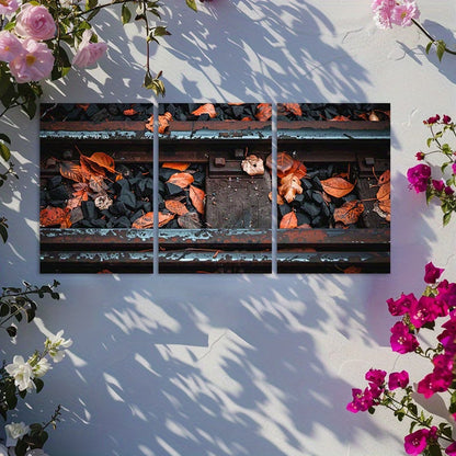3pcs Old Train Tracks with Fallen Leaves & Rocks Wall Art Set Canvas Framed 40x60cm - High Quality Print 100% Australian Made Wall Canvas Ready to Hang
