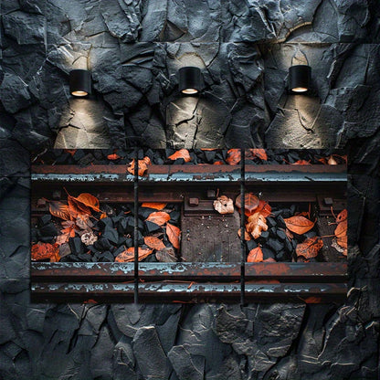 3pcs Old Train Tracks with Fallen Leaves & Rocks Wall Art Set Canvas Framed 60x90cm - High Quality Print 100% Australian Made Wall Canvas Ready to Hang