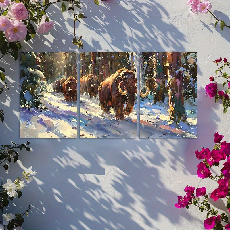 3pcs Mammoth Snowy Trek Scene Wall Art Set Canvas Framed 40x60cm - High Quality Print 100% Australian Made Wall Canvas Ready to Hang