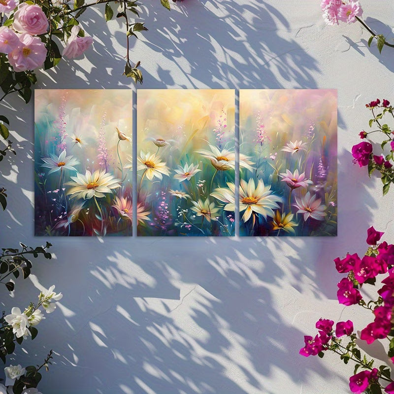 3pcs Meadow with White Daisies Blurred Design Wall Art Set Canvas Framed 50x70cm - High Quality Print 100% Australian Made Wall Canvas Ready to Hang
