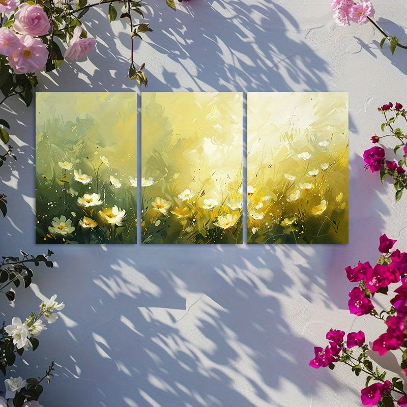 3pcs blurred meadow with white daisies flowers Wall Art Set Canvas Framed 50x70cm - High Quality Print 100% Australian Made Wall Canvas Ready to Hang - Bella Home Decor
