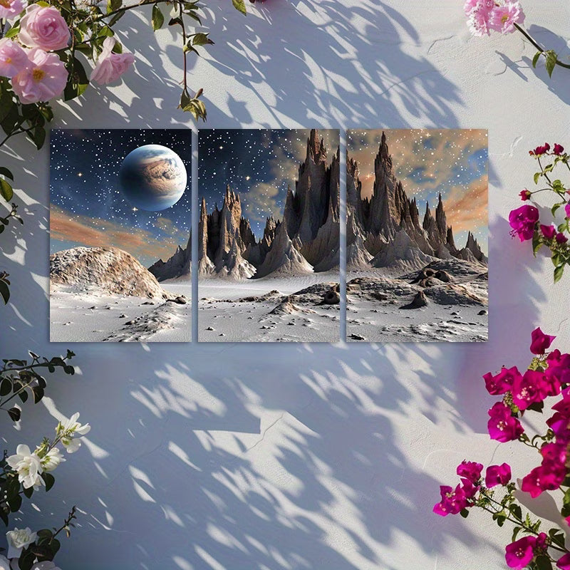 3pcs Planet Stars Space Illustration Wall Art Set Canvas Framed 50x70cm - High Quality Print 100% Australian Made Wall Canvas Ready to Hang