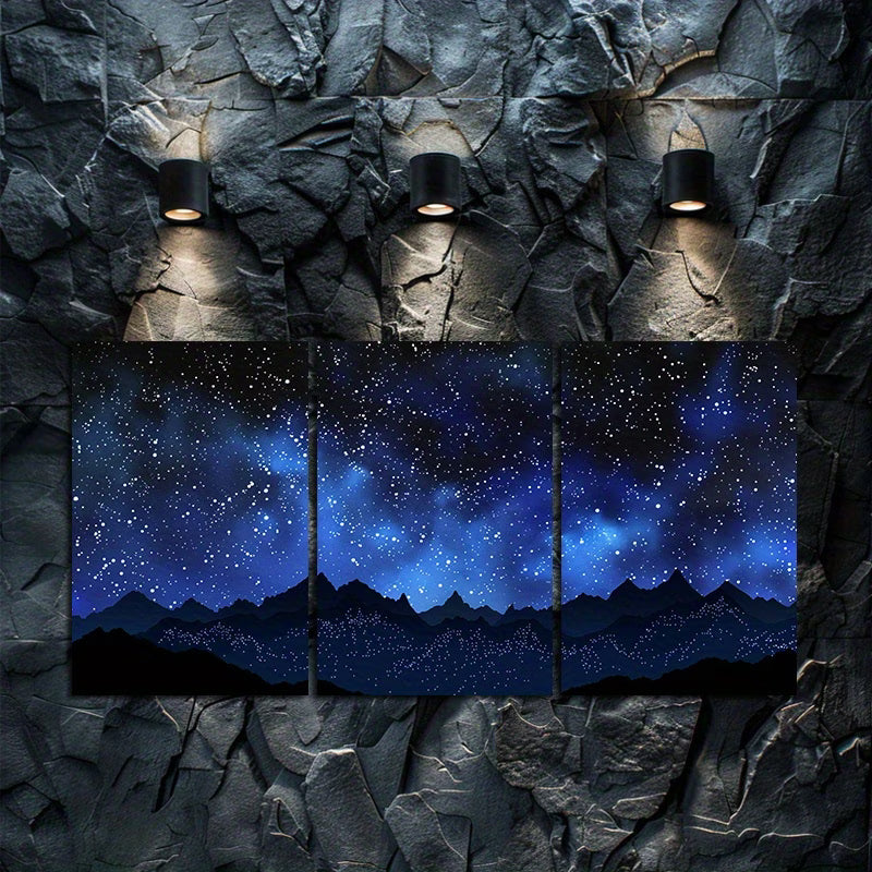 3pcs Night Sky Over Mountains Wall Art Set Canvas Framed 60x90cm - High Quality Print 100% Australian Made Wall Canvas Ready to Hang