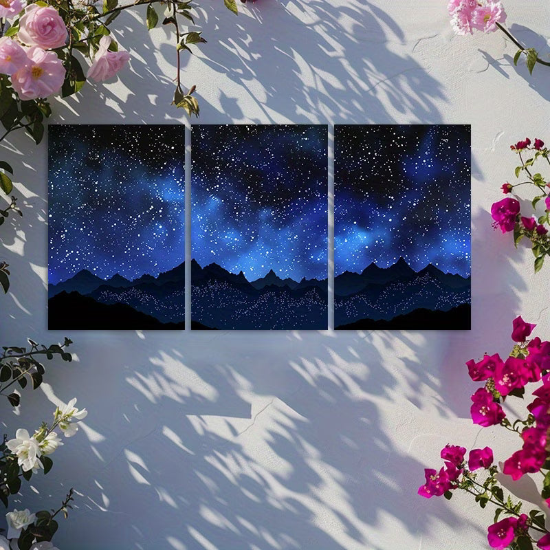 3pcs Night Sky Over Mountains Wall Art Set Canvas Framed 40x60cm - High Quality Print 100% Australian Made Wall Canvas Ready to Hang