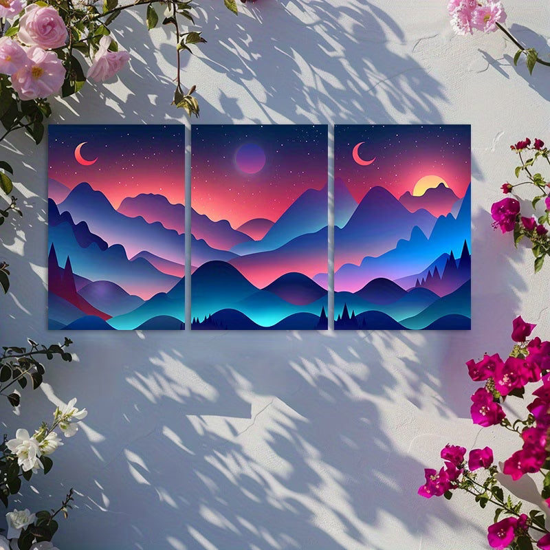 3pcs Neon City Lights Beneath a Foggy Night Sky Wall Art Set Canvas Framed 40x60cm - High Quality Print 100% Australian Made Wall Canvas Ready to Hang