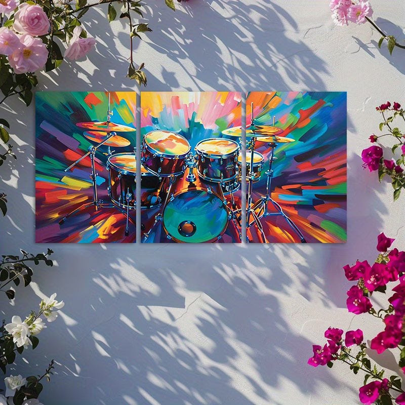 3pcs Oil Painting of a Wild, Bold Drum Set Wall Art Set Canvas Framed 40x60cm - High Quality Print 100% Australian Made Wall Canvas Ready to Hang