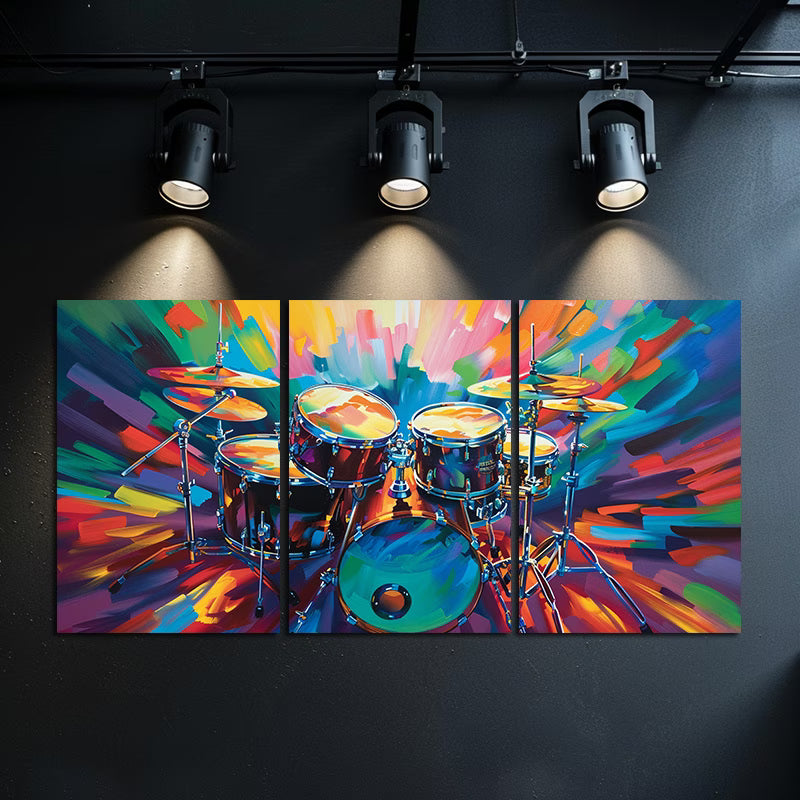 3pcs Oil Painting of a Wild, Bold Drum Set Wall Art Set Canvas Framed 60x90cm - High Quality Print 100% Australian Made Wall Canvas Ready to Hang
