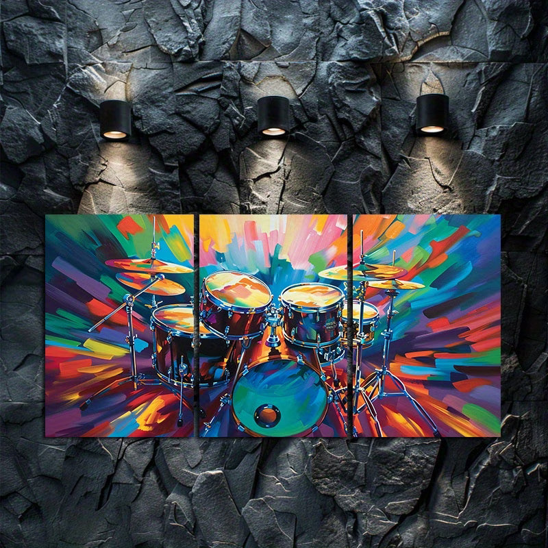 3pcs Oil Painting of a Wild, Bold Drum Set Wall Art Set Canvas Framed 40x60cm - High Quality Print 100% Australian Made Wall Canvas Ready to Hang