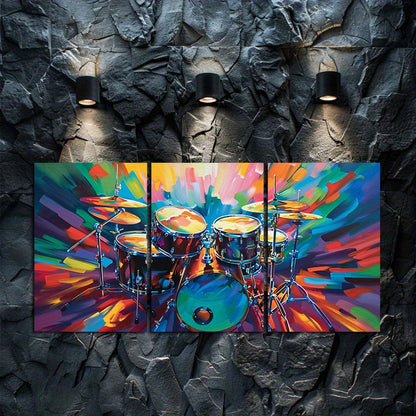 3pcs Oil Painting of a Wild, Bold Drum Set Wall Art Set Canvas Framed 60x90cm - High Quality Print 100% Australian Made Wall Canvas Ready to Hang