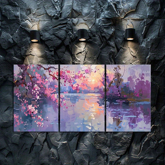3pcs Romantic Spring Night Floral and Moon Wall Art Set Canvas Framed 60x90cm - High Quality Print 100% Australian Made Wall Canvas Ready to Hang
