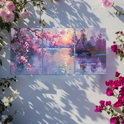 3pcs Romantic Spring Night Floral and Moon Wall Art Set Canvas Framed 50x70cm - High Quality Print 100% Australian Made Wall Canvas Ready to Hang