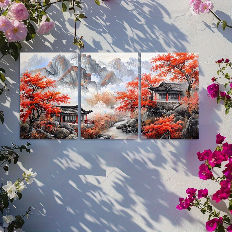 3pcs Serene Traditional Chinese Architecture Wall Art Set Canvas Framed 40x60cm - High Quality Print 100% Australian Made Wall Canvas Ready to Hang