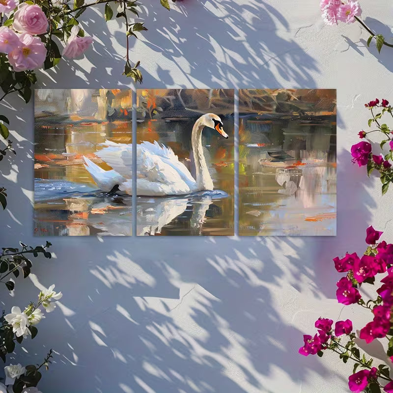3pcs Swan Lake & City Castle Wall Art Set Canvas Framed 60x90cm - High Quality Print 100% Australian Made Wall Canvas Ready to Hang