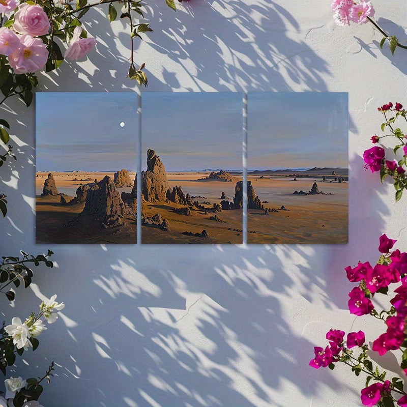 3pcs Desert Gobi Rock Landscape with Moon Wall Art Set Canvas Framed 50x70cm - High Quality Print 100% Australian Made Wall Canvas Ready to Hang - Bella Home Decor