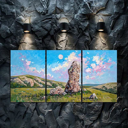 3pcs Rock Landscape with Pink Sky and Moon Wall Art Set Canvas Framed 40x60cm - High Quality Print 100% Australian Made Wall Canvas Ready to Hang