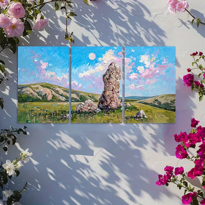 3pcs Rock Landscape with Pink Sky and Moon Wall Art Set Canvas Framed 40x60cm - High Quality Print 100% Australian Made Wall Canvas Ready to Hang