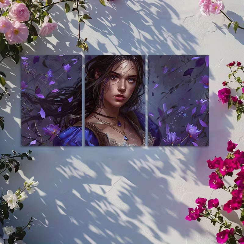 3pcs Digital Painting Featuring a Woman Amidst Purple Flowers Wall Art Set Canvas Framed 50x70cm - High Quality Print 100% Australian Made Wall Canvas Ready to Hang - Bella Home Decor
