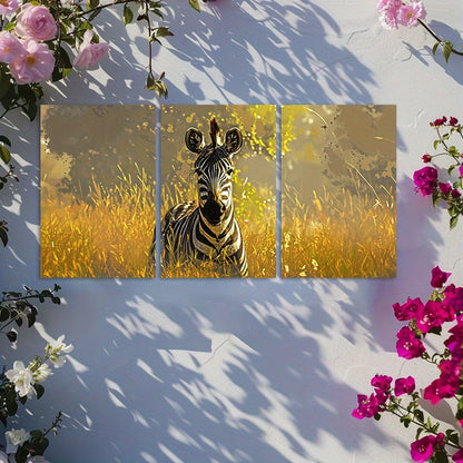 3pcs Zebra in Golden Grass Wall Art Set Canvas Framed 40x60cm - High Quality Print 100% Australian Made Wall Canvas Ready to Hang