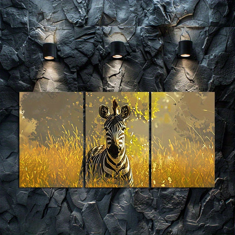 3pcs Zebra in Golden Grass Wall Art Set Canvas Framed 60x90cm - High Quality Print 100% Australian Made Wall Canvas Ready to Hang