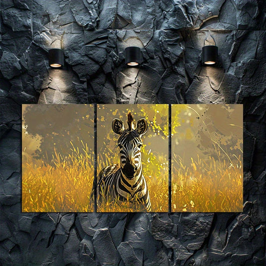 3pcs Zebra in Golden Grass Wall Art Set Canvas Framed 60x90cm - High Quality Print 100% Australian Made Wall Canvas Ready to Hang