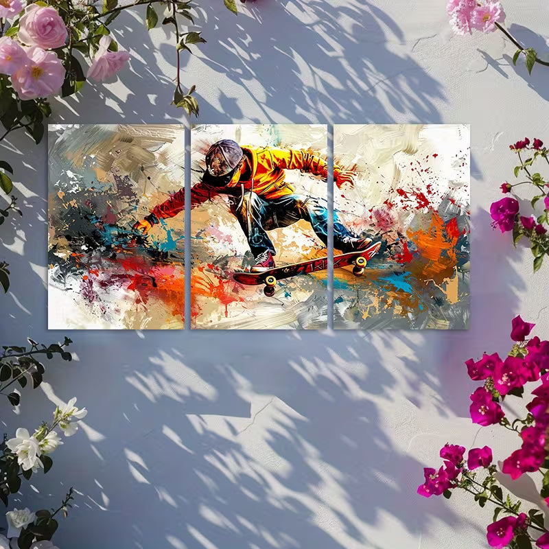 3pcs trajectory of skateboarding with graffiti Wall Art Set Canvas Framed 50x70cm - High Quality Print 100% Australian Made Wall Canvas Ready to Hang