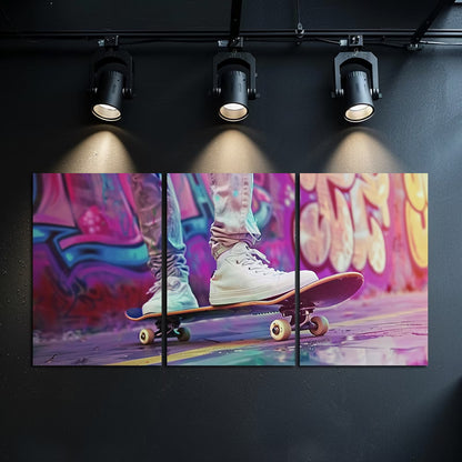 3pcs Skateboarding & Graffiti Motif Sports Theme Wall Art Set Canvas Framed 40x60cm - High Quality Print 100% Australian Made Wall Canvas Ready to Hang