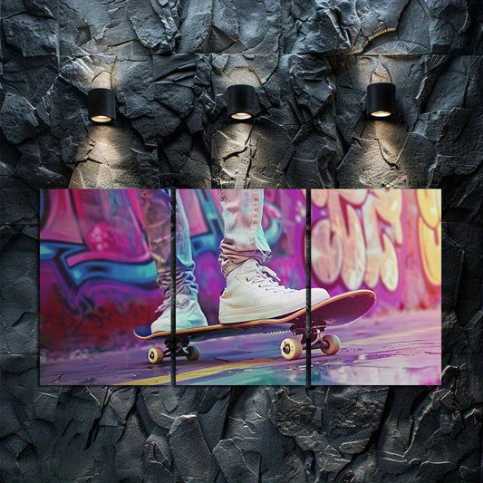 3pcs Skateboarding & Graffiti Motif Sports Theme Wall Art Set Canvas Framed 40x60cm - High Quality Print 100% Australian Made Wall Canvas Ready to Hang