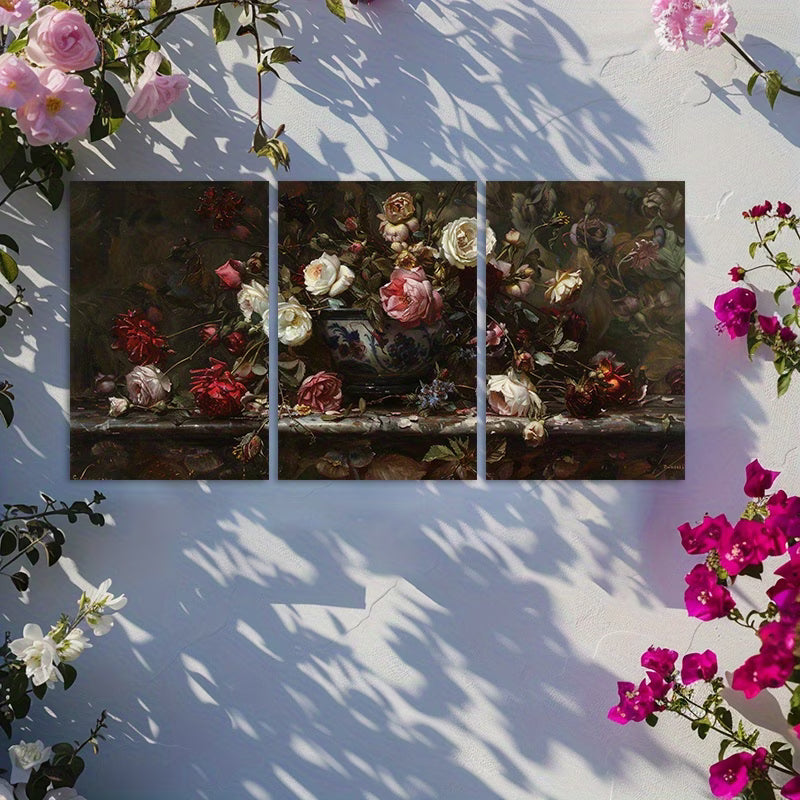 3pcs European Classical Retro Scenery Flower Wall Art Set Canvas Framed 50x70cm - High Quality Print 100% Australian Made Wall Canvas Ready to Hang