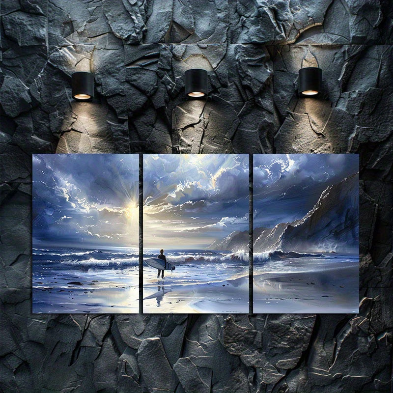3pcs Ocean Waves and Surfer Oil Painting Wall Art Set Canvas Framed 50x70cm - High Quality Print 100% Australian Made Wall Canvas Ready to Hang