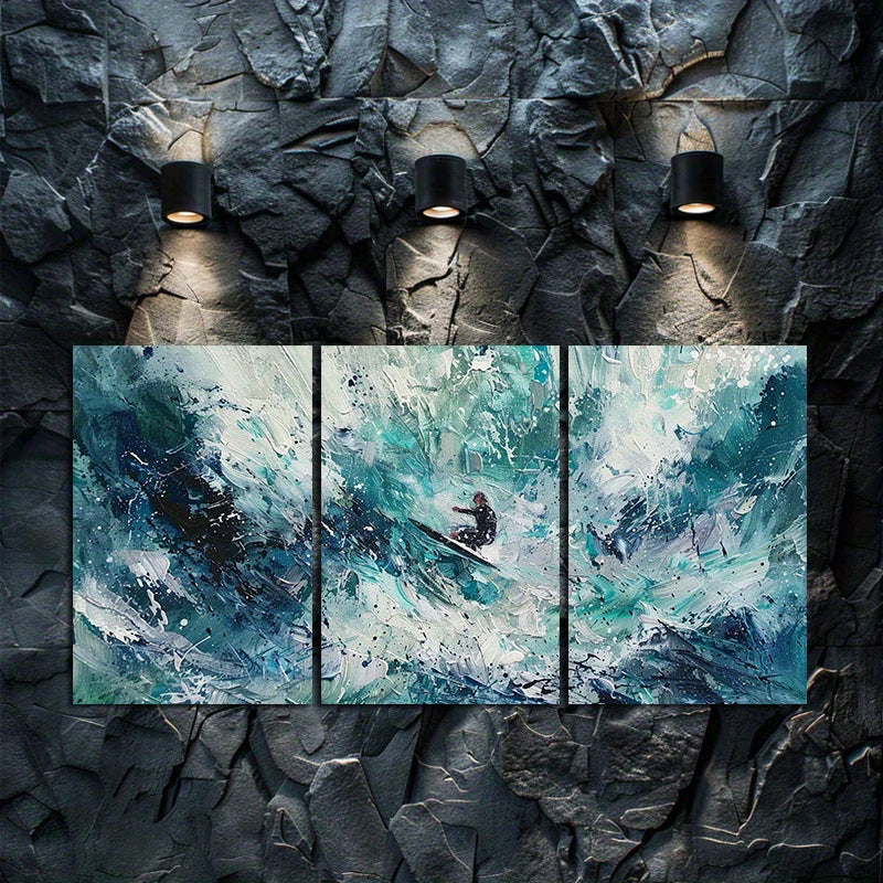 3pcs Surfer Wave Action Oil Painting Wall Art Set Canvas Framed 50x70cm - High Quality Print 100% Australian Made Wall Canvas Ready to Hang