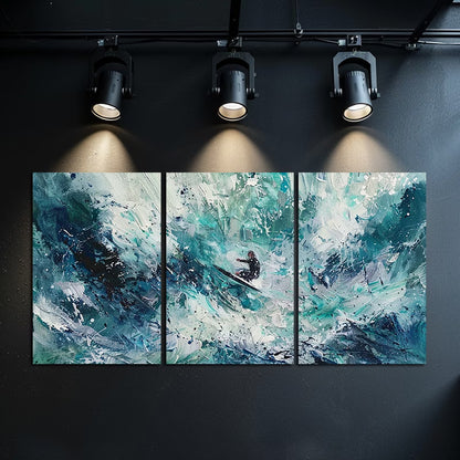 3pcs Surfer Wave Action Oil Painting Wall Art Set Canvas Framed 40x60cm - High Quality Print 100% Australian Made Wall Canvas Ready to Hang