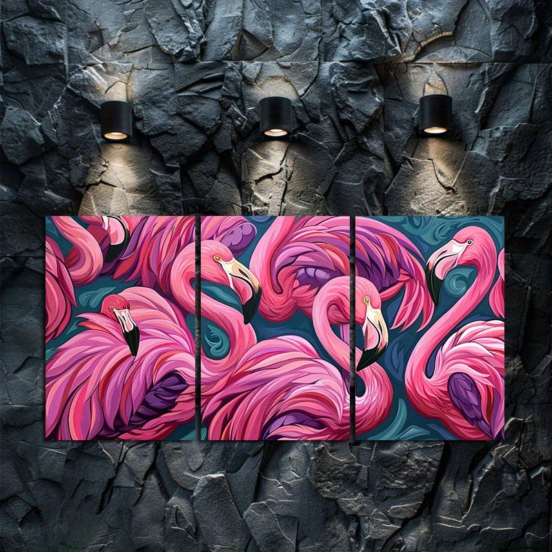 3pcs Oil Painting Flamingos in Groups Wall Art Set Canvas Framed 50x70cm - High Quality Print 100% Australian Made Wall Canvas Ready to Hang