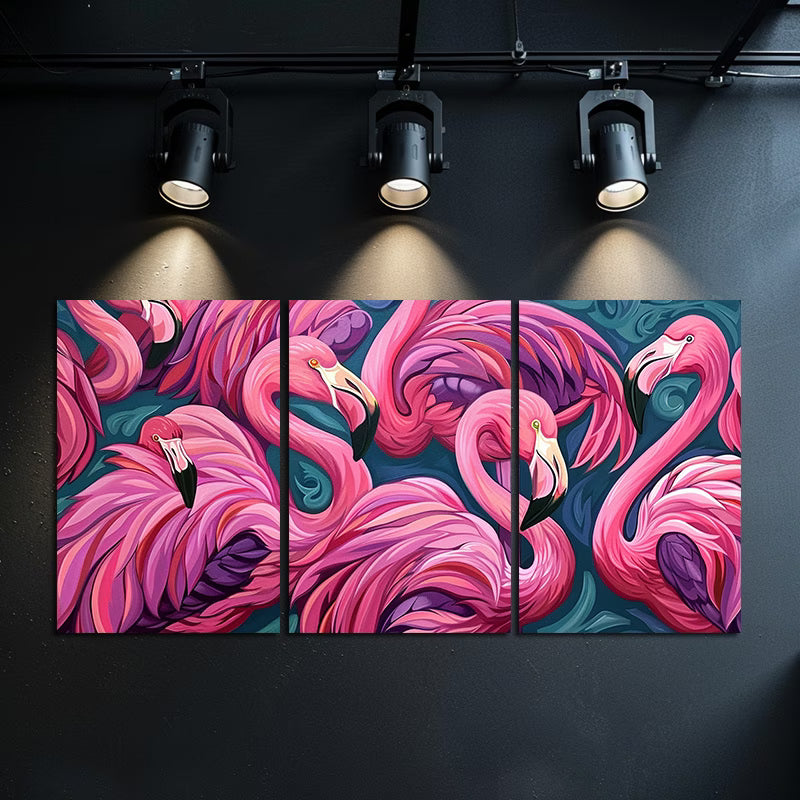 3pcs Oil Painting Flamingos in Groups Wall Art Set Canvas Framed 60x90cm - High Quality Print 100% Australian Made Wall Canvas Ready to Hang