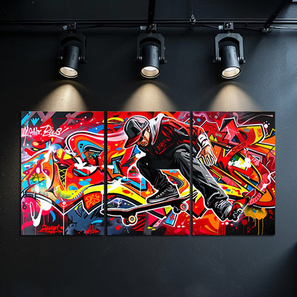 3pcs Graffiti Skateboarder Vibrant Street Art Wall Art Set Canvas Framed 60x90cm - High Quality Print 100% Australian Made Wall Canvas Ready to Hang