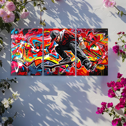 3pcs Graffiti Skateboarder Vibrant Street Art Wall Art Set Canvas Framed 60x90cm - High Quality Print 100% Australian Made Wall Canvas Ready to Hang