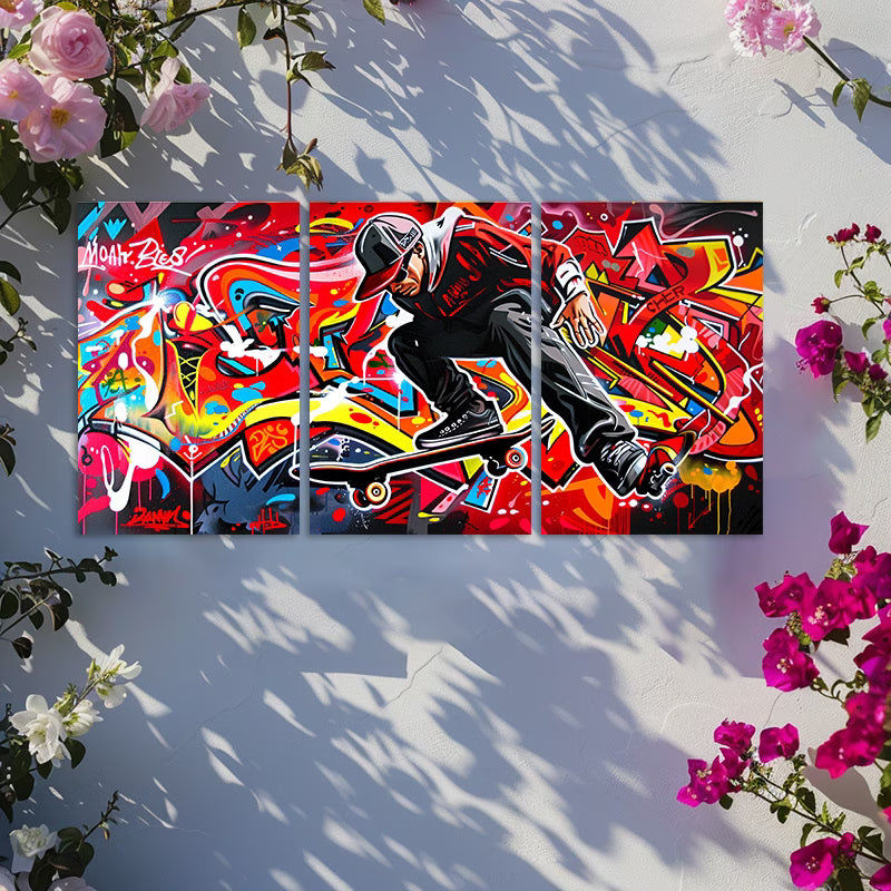3pcs Graffiti Skateboarder Vibrant Street Art Wall Art Set Canvas Framed 50x70cm - High Quality Print 100% Australian Made Wall Canvas Ready to Hang