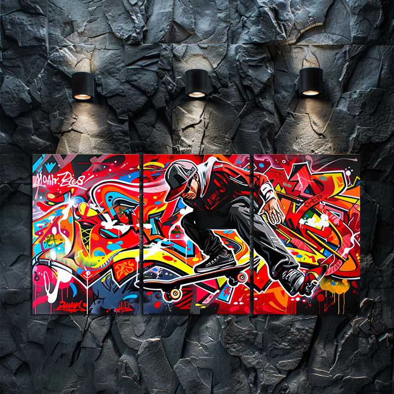 3pcs Graffiti Skateboarder Vibrant Street Art Wall Art Set Canvas Framed 60x90cm - High Quality Print 100% Australian Made Wall Canvas Ready to Hang