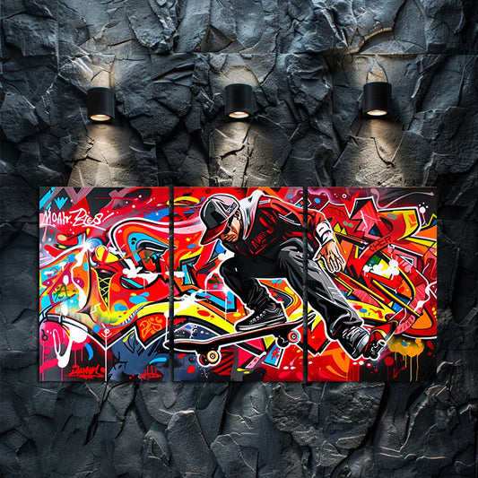 3pcs Graffiti Skateboarder Vibrant Street Art Wall Art Set Canvas Framed 60x90cm - High Quality Print 100% Australian Made Wall Canvas Ready to Hang