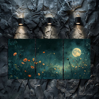 3pcs Flowers and Moon on a Peaceful Spring Night Wall Art Set Canvas Framed 40x60cm - High Quality Print 100% Australian Made Wall Canvas Ready to Hang - Bella Home Decor