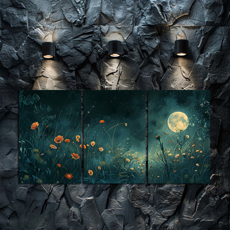 3pcs Flowers and Moon on a Peaceful Spring Night Wall Art Set Canvas Framed 50x70cm - High Quality Print 100% Australian Made Wall Canvas Ready to Hang - Bella Home Decor