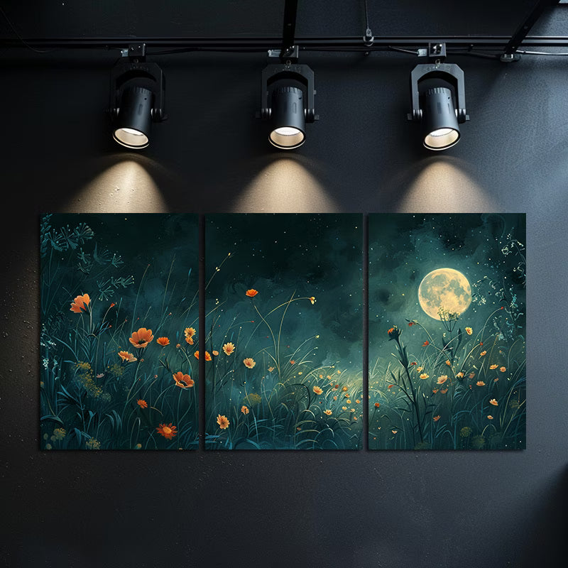 3pcs Flowers and Moon on a Peaceful Spring Night Wall Art Set Canvas Framed 50x70cm - High Quality Print 100% Australian Made Wall Canvas Ready to Hang - Bella Home Decor