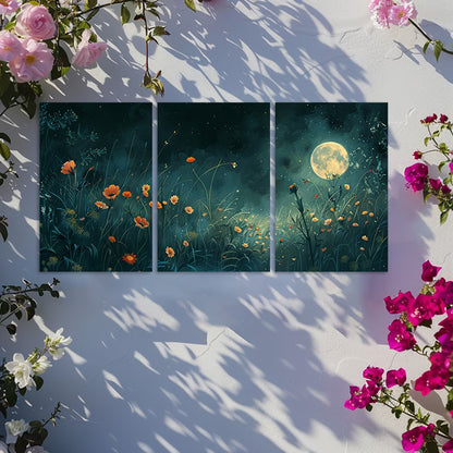 3pcs Flowers and Moon on a Peaceful Spring Night Wall Art Set Canvas Framed 40x60cm - High Quality Print 100% Australian Made Wall Canvas Ready to Hang - Bella Home Decor