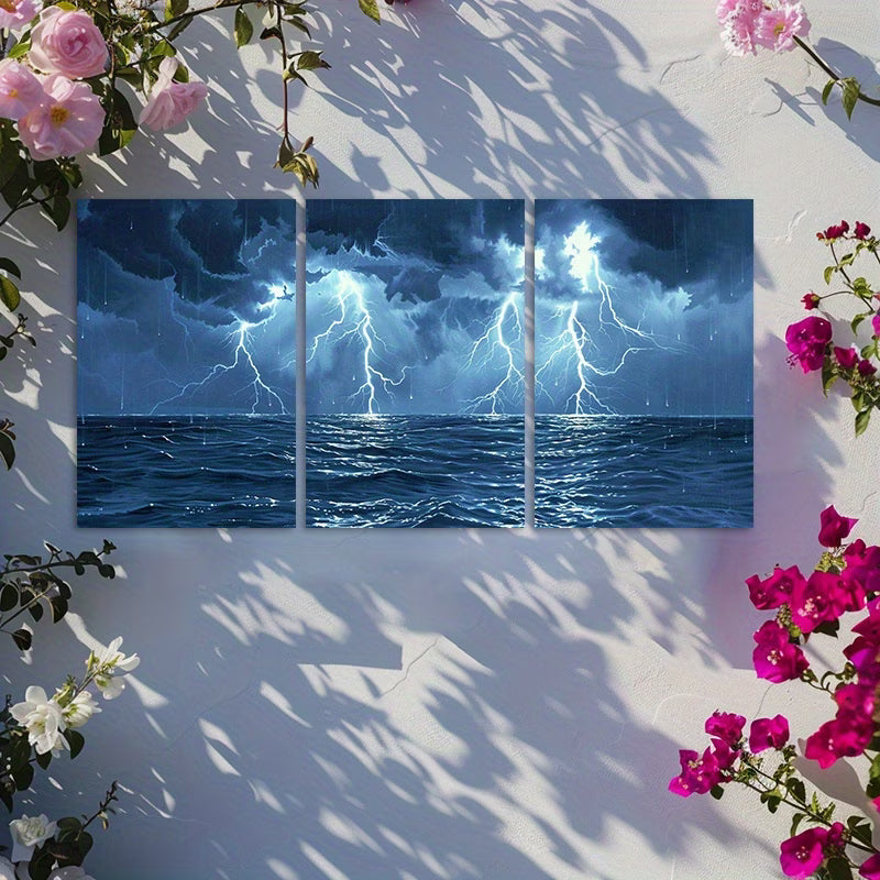 3pcs Thunderstorm Lightning Seascape Wall Art Set Canvas Framed 60x90cm - High Quality Print 100% Australian Made Wall Canvas Ready to Hang
