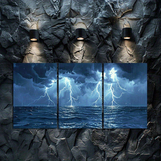 3pcs Thunderstorm Lightning Seascape Wall Art Set Canvas Framed 40x60cm - High Quality Print 100% Australian Made Wall Canvas Ready to Hang