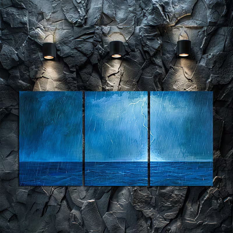 3pcs Stormy Sea Illustration Wall Art Set Canvas Framed 40x60cm - High Quality Print 100% Australian Made Wall Canvas Ready to Hang