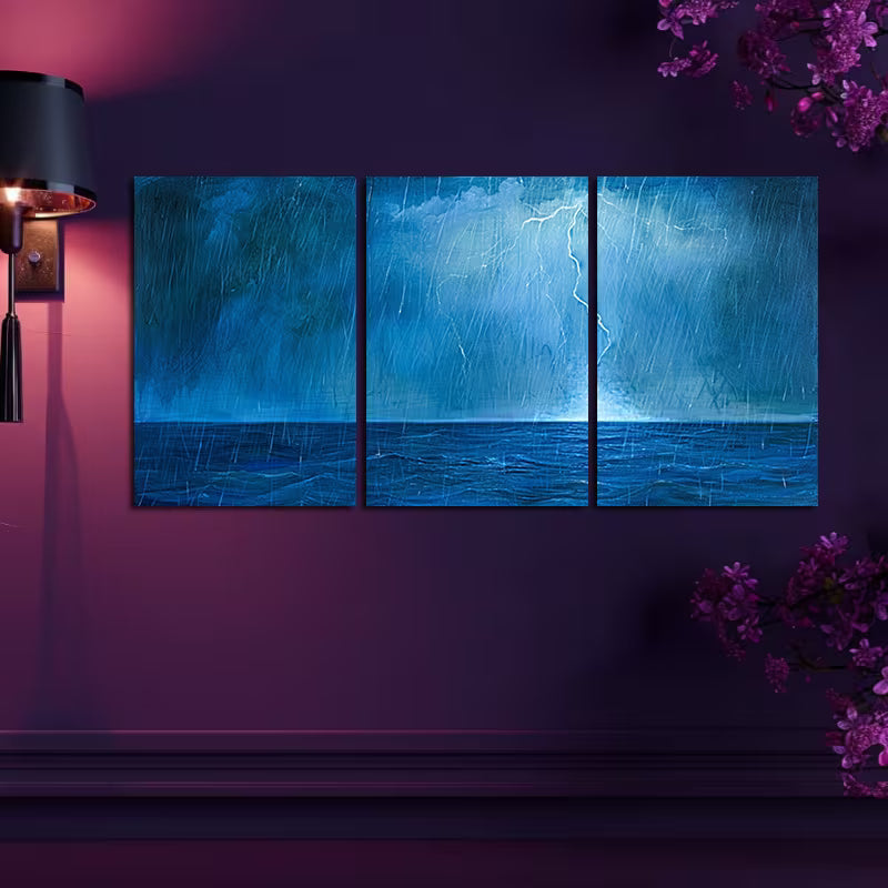 3pcs Stormy Sea Illustration Wall Art Set Canvas Framed 40x60cm - High Quality Print 100% Australian Made Wall Canvas Ready to Hang